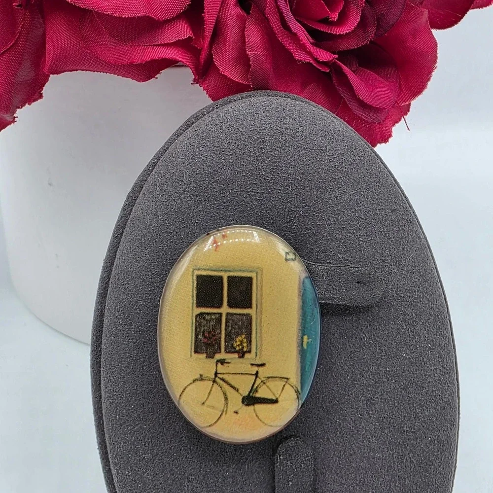 Vintage Bicycle‎ Window Scene Oval Resin Brooch Yellow Teal Whimsical Art Pin